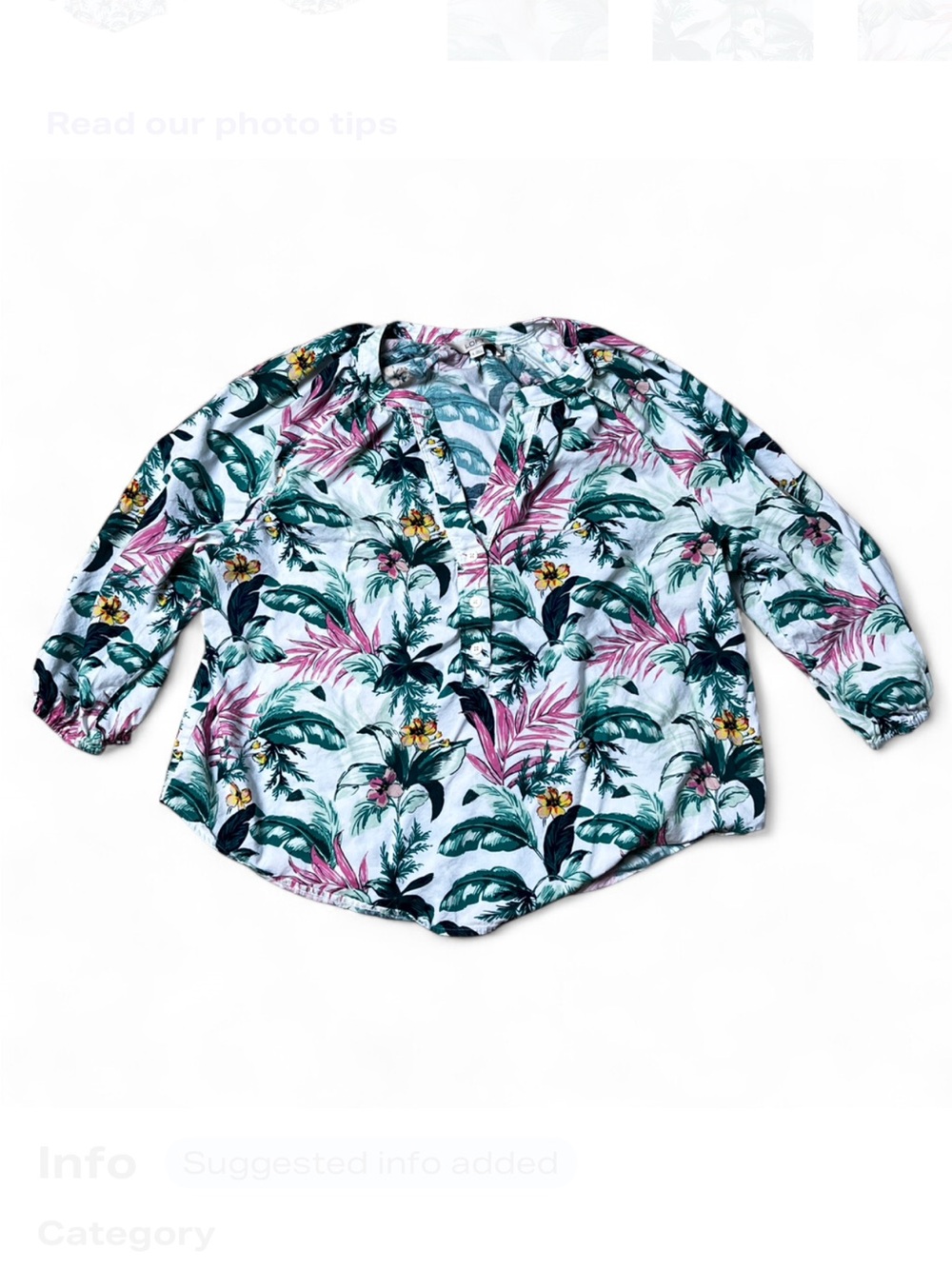 LOFT Tropical Print Blouse | 3/4 Sleeve Button Front | XL
